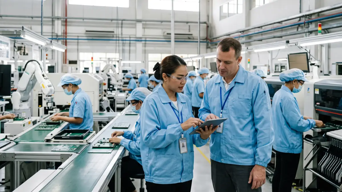 Thai and foreign engineers reviewing production plans on the floor of a factory in Chonburi, Thailand
