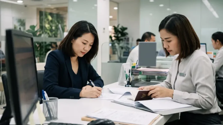 Chinese businesswoman signing account opening documents with a Thai bank officer at a branch desk