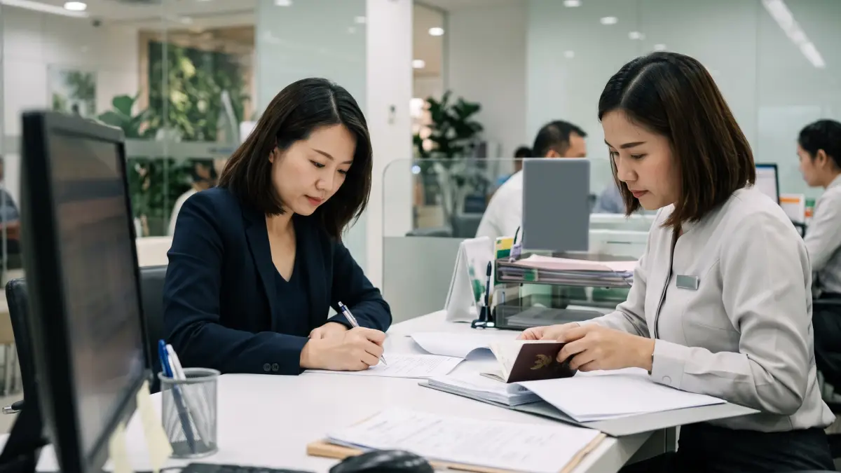 Chinese businesswoman signing account opening documents with a Thai bank officer at a branch desk
