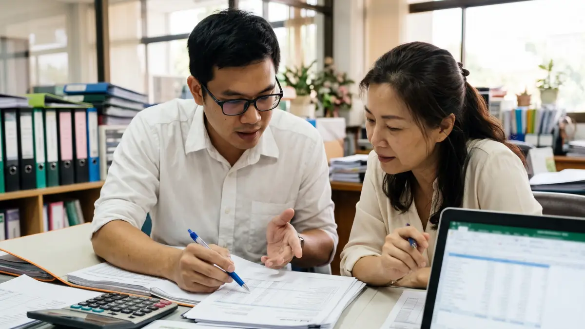 Chinese finance director and Thai accountant reviewing tax documents and a calculator at a desk in Thailand