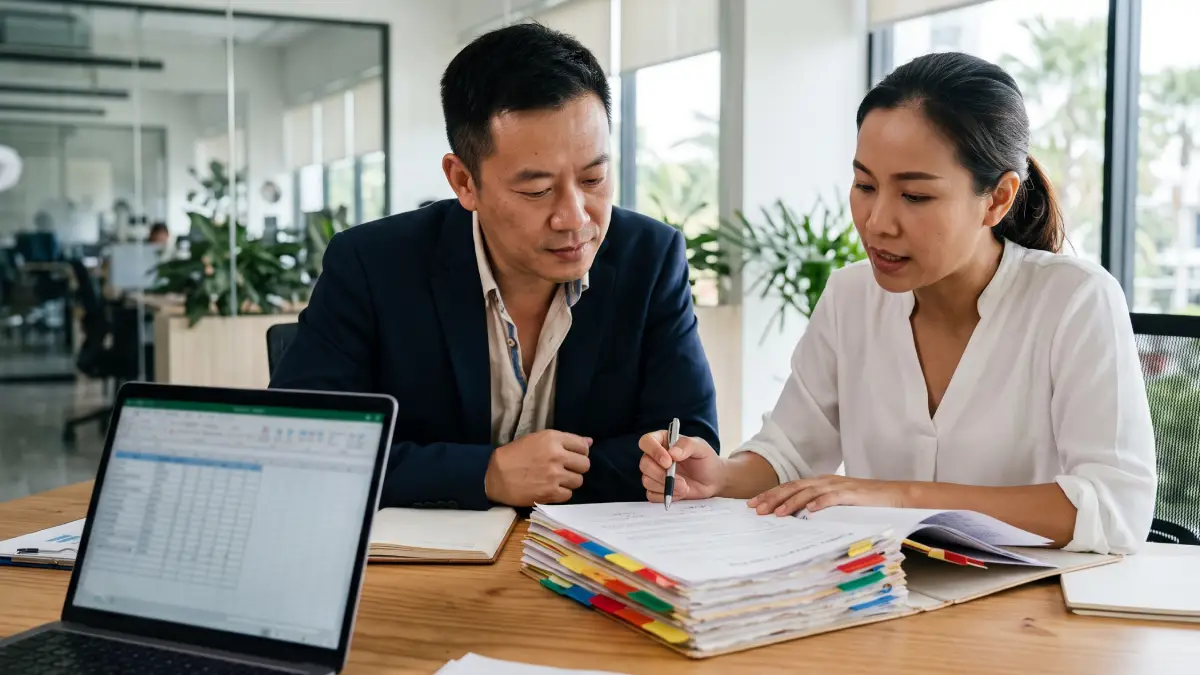 Chinese investor and Thai consultant reviewing a BOI investment promotion application in an office in Thailand