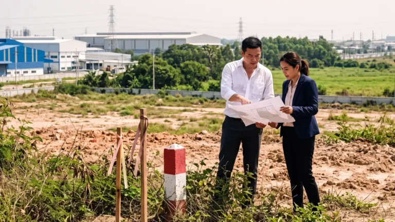 Chinese investor and Thai land consultant reviewing a site plan on a vacant industrial plot in Rayong, Thailand