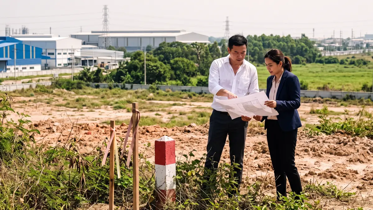 Chinese investor and Thai land consultant reviewing a site plan on a vacant industrial plot in Rayong, Thailand