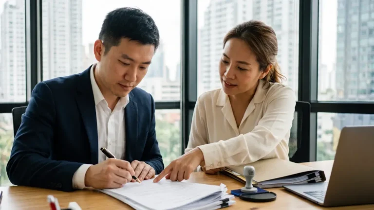 Chinese investor signing company registration documents with a Thai corporate consultant in an office in Thailand