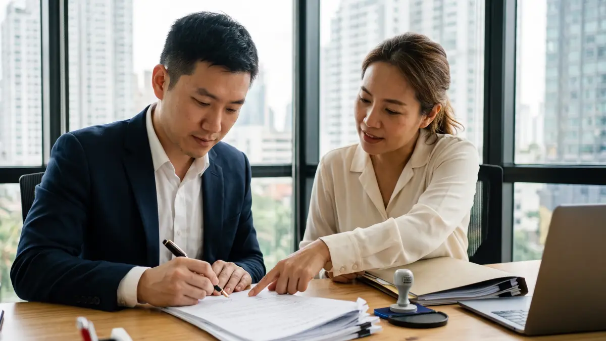 Chinese investor signing company registration documents with a Thai corporate consultant in an office in Thailand