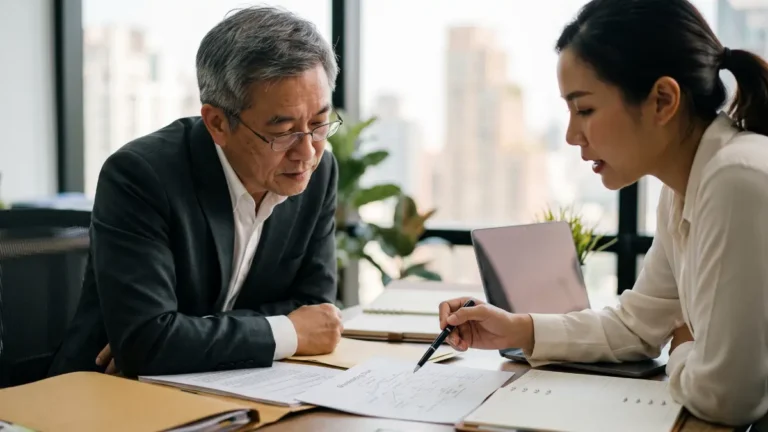 Chinese investor and Thai lawyer reviewing a company shareholding structure on paper in a Bangkok office