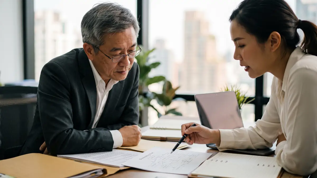 Chinese investor and Thai lawyer reviewing a company shareholding structure on paper in a Bangkok office