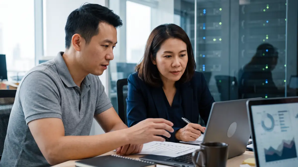 Chinese IT manager and Thai data protection officer reviewing data security settings on a laptop in an office in Thailand
