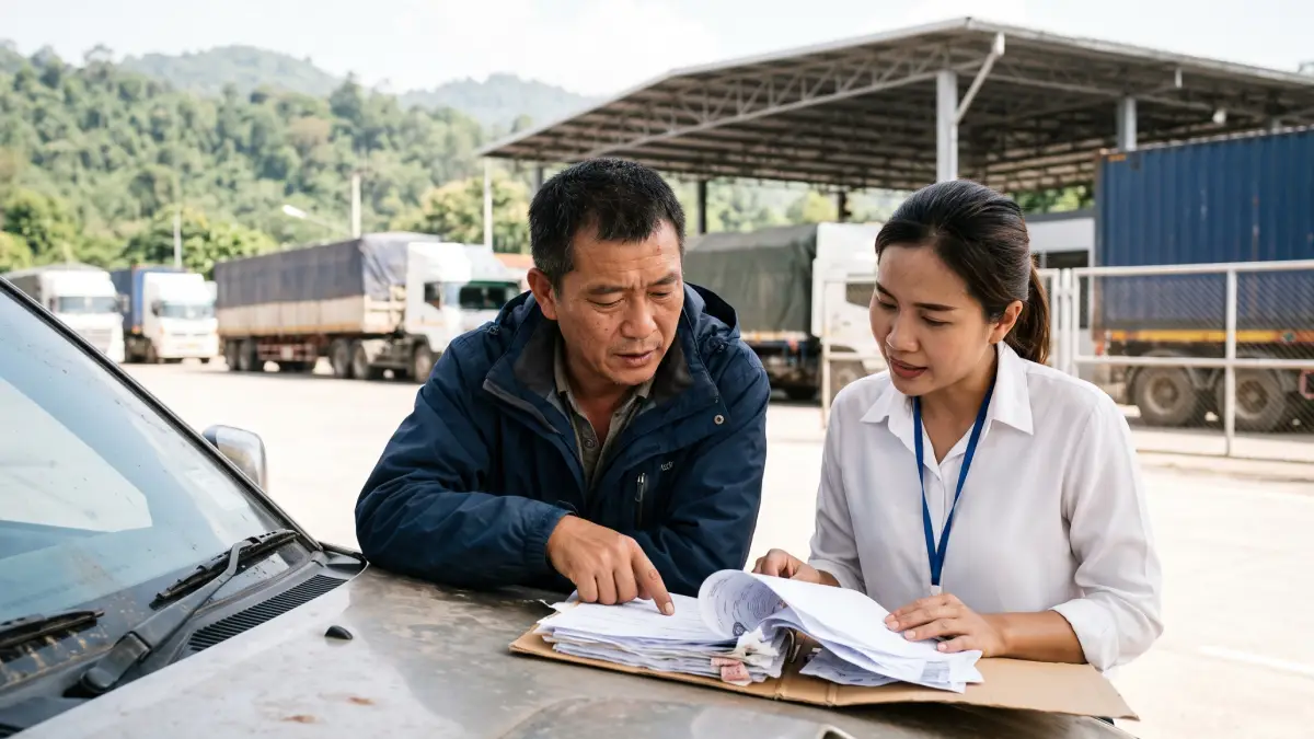 Chinese logistics manager and Thai customs broker checking shipping documents at a border trade checkpoint in Thailand