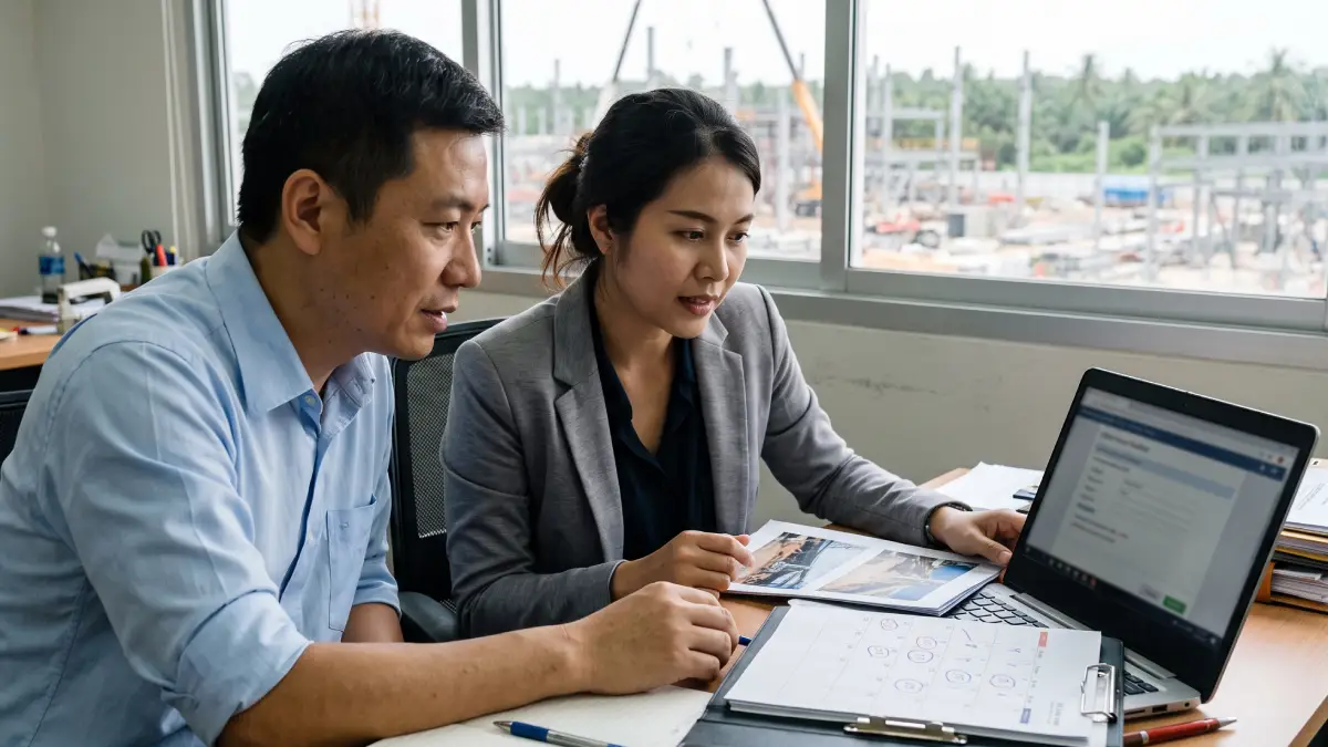 Chinese project manager and Thai compliance officer preparing a BOI progress report on a laptop in an office in Thailand