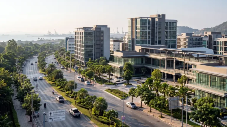 Modern office buildings and commercial district in Si Racha, Chonburi, where foreign investors set up companies in Thailand