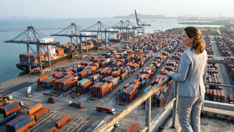 European businesswoman looking over container terminals at Laem Chabang Port in Chonburi, in Thailand's Eastern Economic Corridor