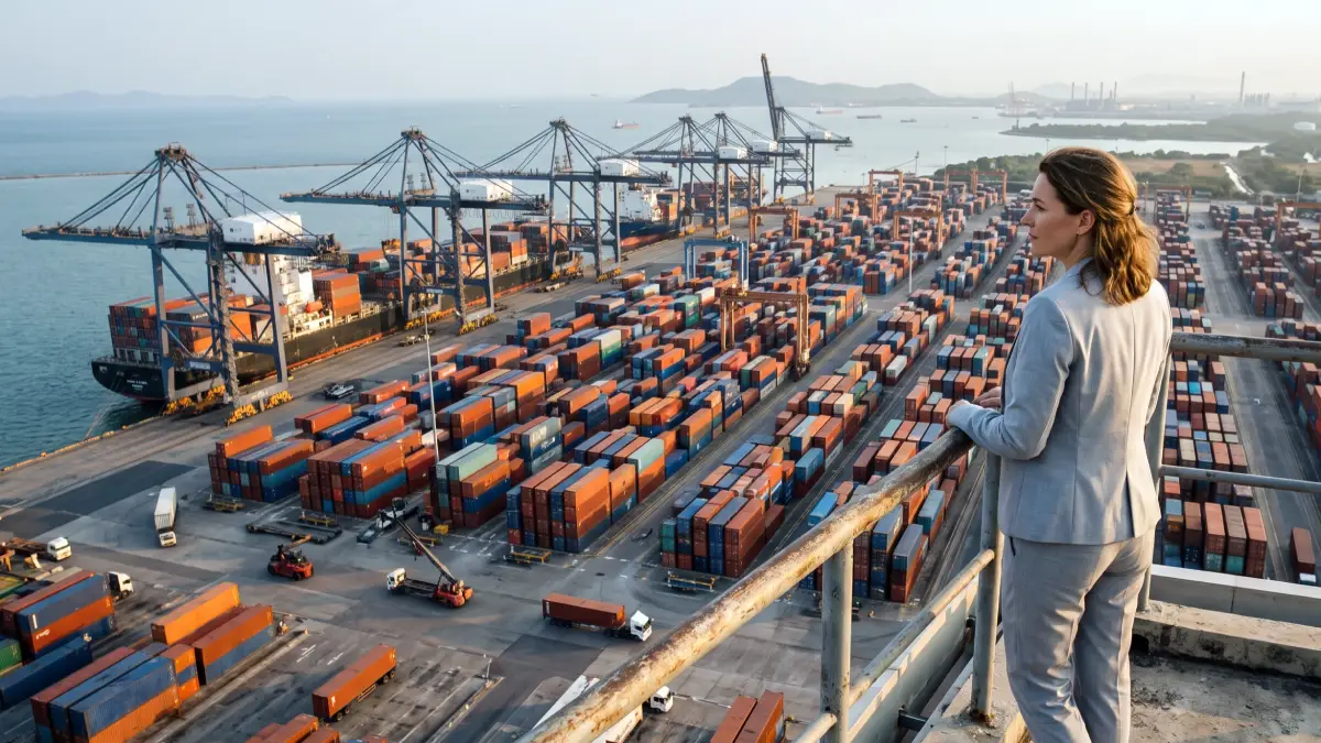 European businesswoman looking over container terminals at Laem Chabang Port in Chonburi, in Thailand's Eastern Economic Corridor