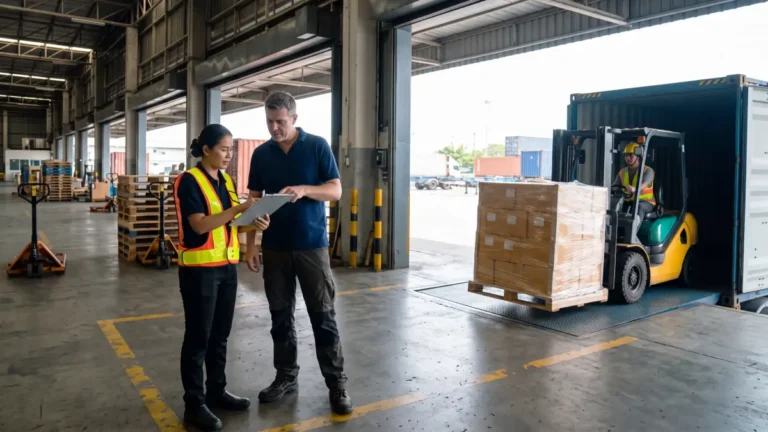 European export manager and Thai logistics supervisor checking shipping documents at a warehouse loading dock in Thailand