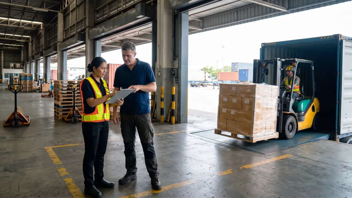 European export manager and Thai logistics supervisor checking shipping documents at a warehouse loading dock in Thailand