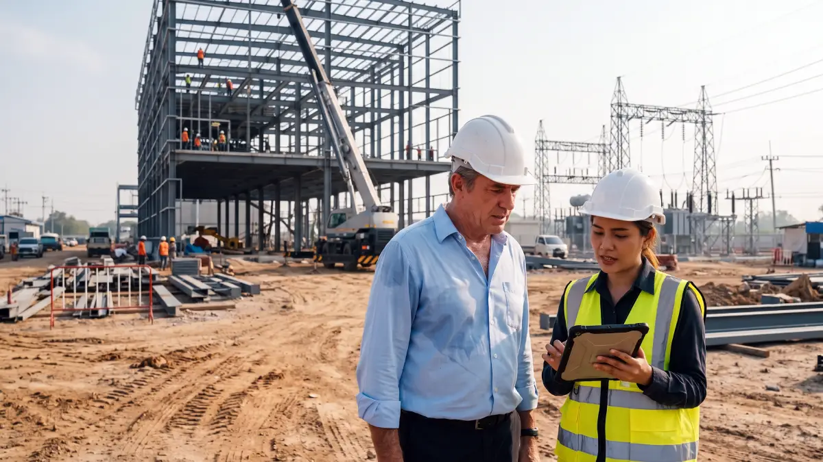European investor and Thai project manager reviewing construction progress at a new factory site in Rayong, Thailand