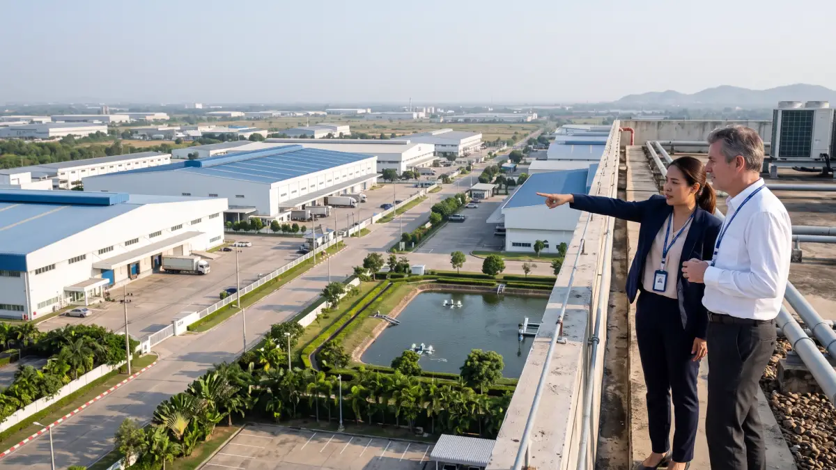 European investor and Thai estate manager overlooking factory buildings in an industrial estate in Chonburi, Thailand
