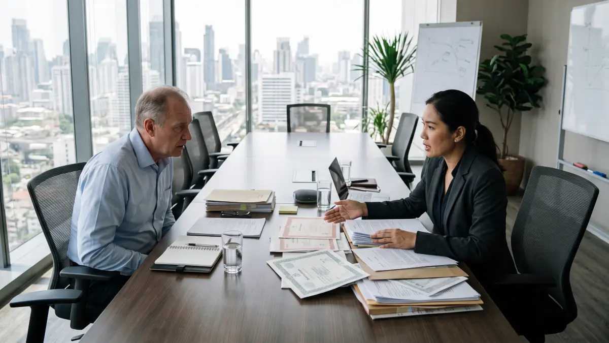 European business owner and Thai lawyer reviewing company documents around a conference table in a Bangkok office