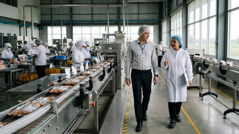 European investor and Thai plant manager walking through a food processing plant in northeastern Thailand
