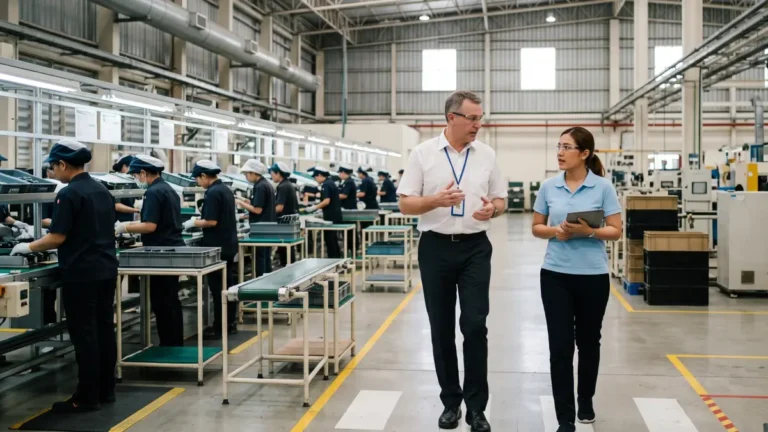 European plant manager and Thai HR manager walking through a factory floor with production staff in Thailand