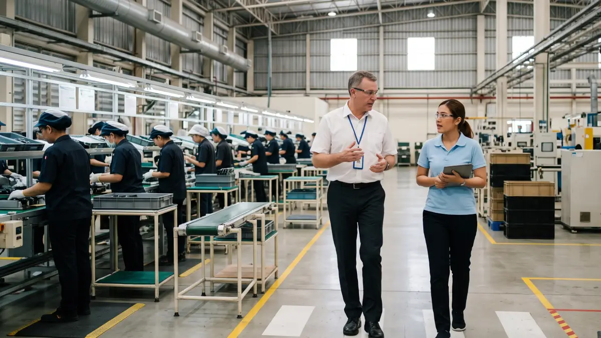 European plant manager and Thai HR manager walking through a factory floor with production staff in Thailand