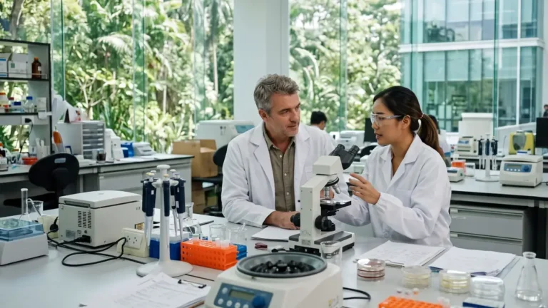 European researcher and Thai scientist working together in a modern research laboratory in a science park in Thailand