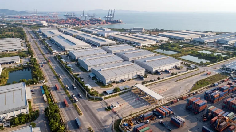 Factories and container yards in an industrial estate free zone near Laem Chabang port, Chonburi, Thailand